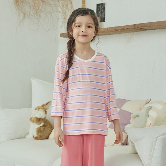 수아팜 여아 핑크 스트라이프 젤리 7부 내의 세트