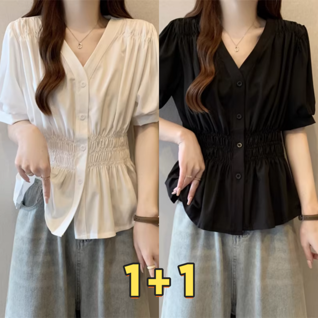 1+1 여름 V넥 빅사이즈 반팔 블라우스 주름 허리조임 슬림핏 상의 라우스