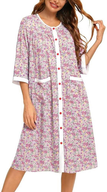 YOZLY Cotton House Dress for Women 3/4 Sleeve House Coats Dusters Robe Moomoo Nightgowns with Pock, Flowers