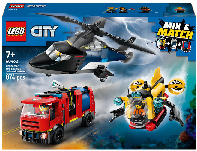레고 시티 헬리콥터 소방트럭과 잠수함 리믹스 60462, 1개, 혼합색상