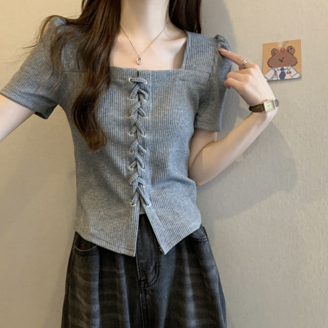 BiimTee 여성 스퀘어넥 반팔 퍼프 슬리브 레이스업 리브드 크롭 탑 날씬해보이는 캐주얼 티셔츠