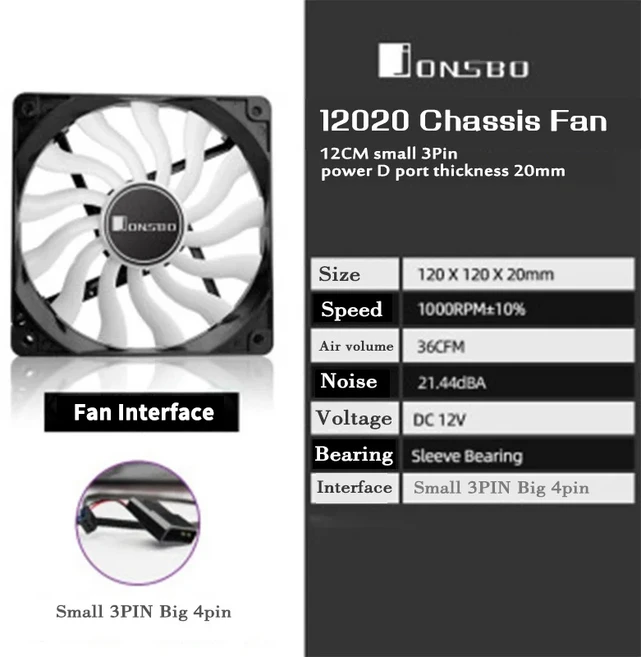 JONSBO 12020 컴퓨터 케이스 팬 CPU 쿨러 섀시 PC 용 120MM 소형 3PIN 얇은 조용한, 01 12020