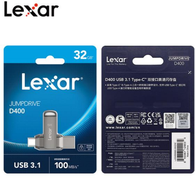 주행기존 Lexar JumpDrive 듀얼 드라이브 D400 USB 3.1 유형 C/A 메모리 스틱 듀얼 슬롯 USB 플래시 드라이, 04 32GB