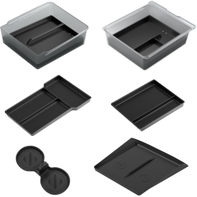 SUMK 테슬라 모델Y 주니퍼 모델3 하이랜드 적용 팔걸이 박스 및 센터 콘솔 수납 정리함 및 보관 트레이 실리콘 물컵 받침 무선 충전 패드 6in1 세트 악세사리, Model 3 Highland(2023-2026), 투명 검은색