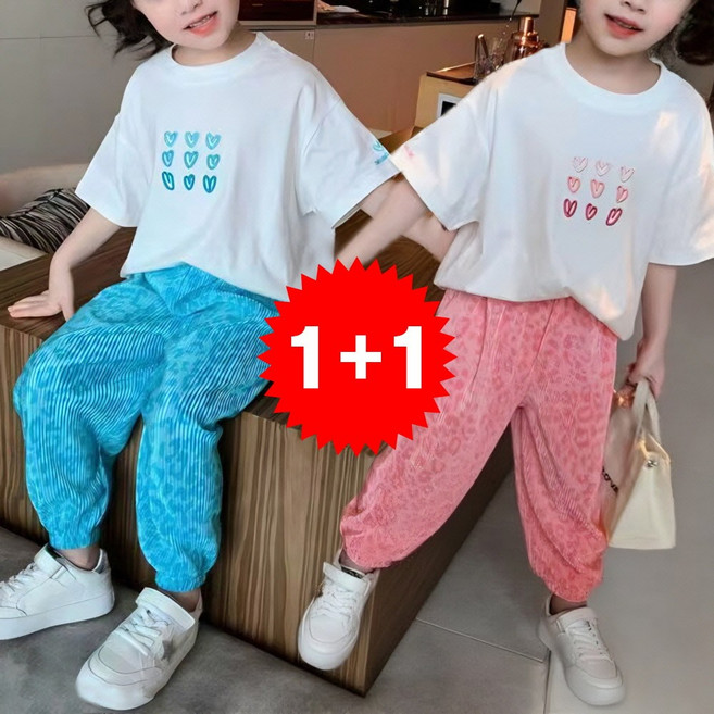 지디오 키즈 여아 상하복 2개 세트 반팔티 긴바지 라운드넥 티셔츠 밴딩 고쟁이 바지 투피스