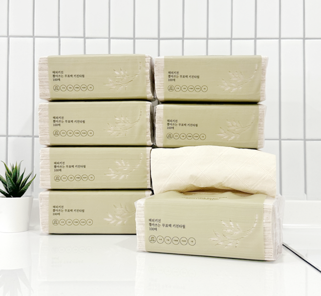 해피키친 뽑아쓰는 무표백 키친타올 주방 타월 대나무 천연펄프 무접착 3겹 100매, 9개