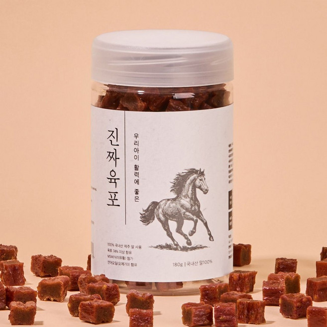 진짜육포 강아지 부드러운 육포 져키 국산 소 치킨 오리 양 연어 황태 사슴 말 노즈워크 간식, 말고기 져키, 180g, 1개