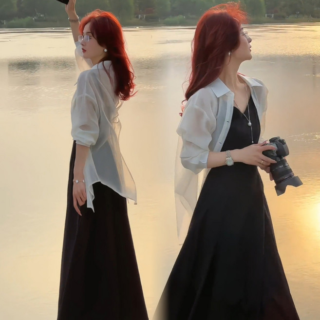 ASURE 여성 끈 나시 원피스 자외선 차단 셔츠 투피스 세트