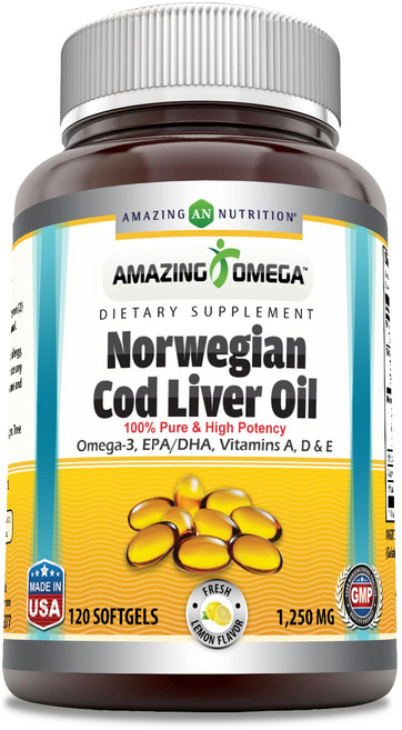 놀라운 노르웨이 대구 간유 1250mg 소프트젤 보충제 | -3 EPA DHA A, 120정, 1개