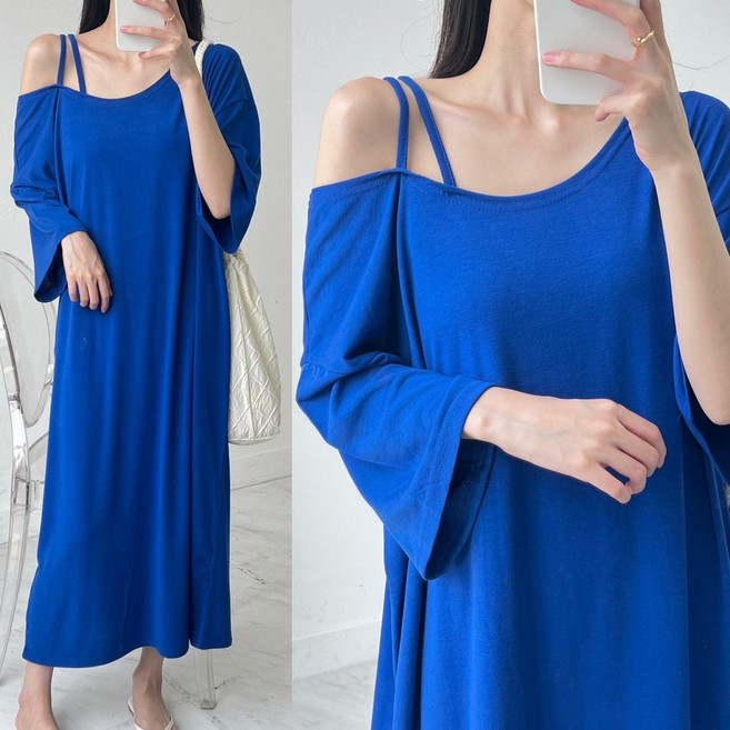 러브포텐 여성 빅사이즈 어깨트임 원피스 스트랩 오프숄더 롱원피스