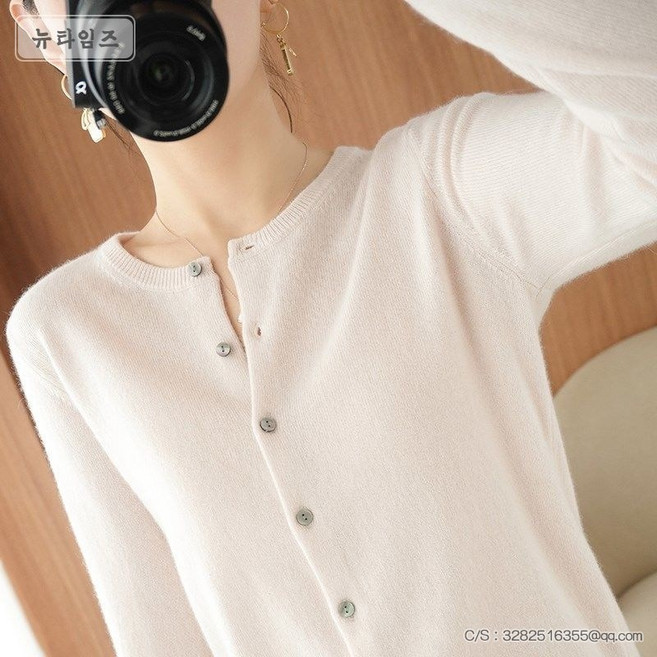 여성 카멜 라운드 울 순양털 니트 캐시미어 가디건 스웨터 부드러운 코트 뉴타임즈 A28