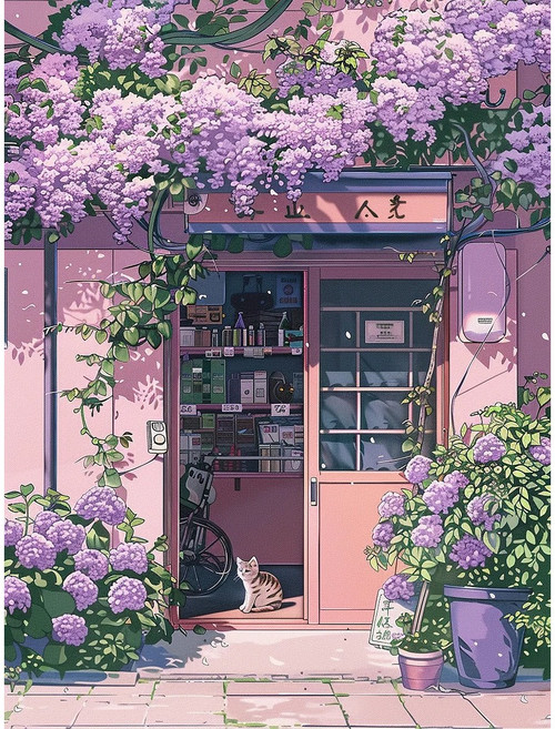 봄날 풍경화 조각퍼즐 등나무꽃 편의점 고양이 북유럽 감성 컬렉션 그림퍼즐 300 500 700 1000피스 액자없음, 300피스(퍼즐유액없음), 봄날의 길모퉁이 구멍가게 풍경화 퍼즐1, 1개