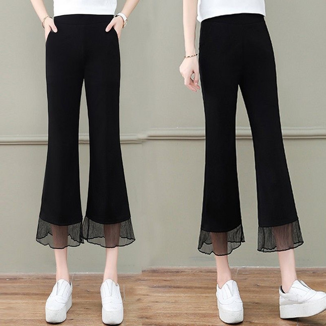 Ashysnow 세미 플레어 와이드 팬츠 여자 여름 얇은 밴딩 허리 시원한 쉬폰 팔부바지 여자 바지