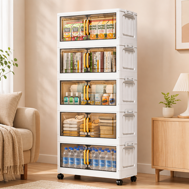 접이식 수납장 다용도 플라스틱 정리함 공간활용 수납박스 대용량, 5단-투명 화이트