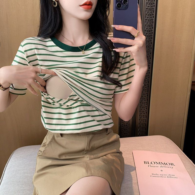 임산부 여름 수유 반팔티 스트라이프 여름 반팔 티셔츠 캐주얼 코튼 편안한 라운드넥 탑스 JS