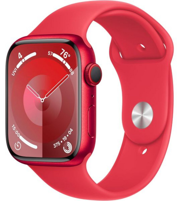 애플 워치 시리즈 9 GPS 셀룰러 45mm 스마트워치 PRODUCT RED 알루미늄 케이스와 스포츠 밴드 SM. 피트니스 트래커 혈중 산소 및 심전도 앱 항상 켜져 있는 레티, 1