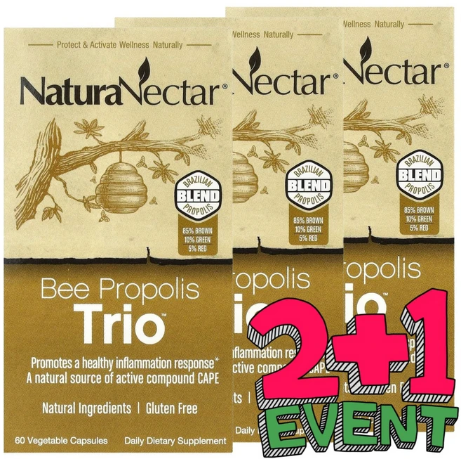 [2+1] 내추라넥타 NaturaNectar Bee 프로폴리스 트리오 약들약 고약사 베지캡슐 60정 / 해외직구 미국정품, 3개 - 쿠팡