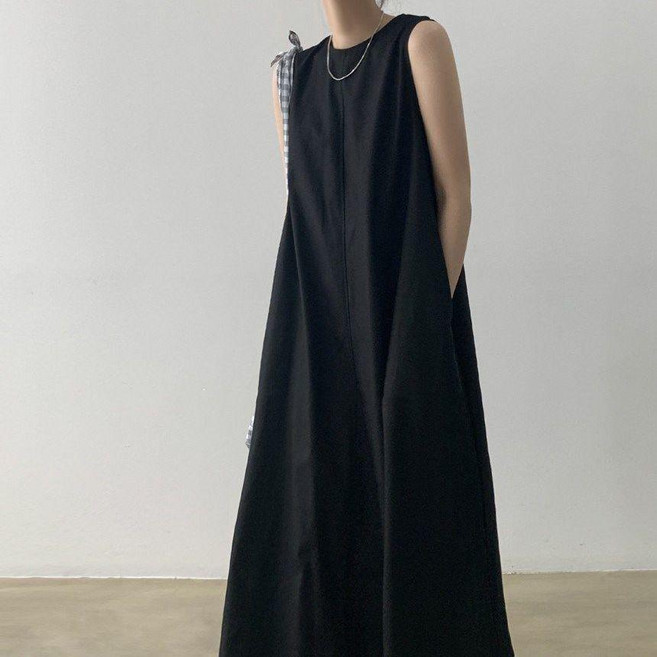 大碼棉麻長裙 圓領無袖寬鬆顯瘦背心連衣裙, 西田-黑,均碼-裙長130 身高165以上, 西田-黑