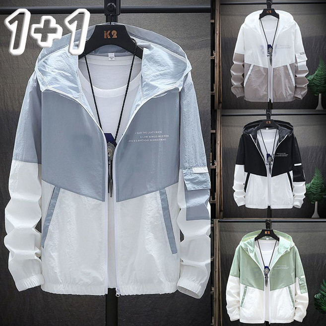 1+1 남성 후드접업 초경량 자외선차단 점퍼 루즈핏 배색라인 바람막이 얇은가디건 래쉬가드 아우터 후드 코트 재킷 M-4XL, 그레이+블랙