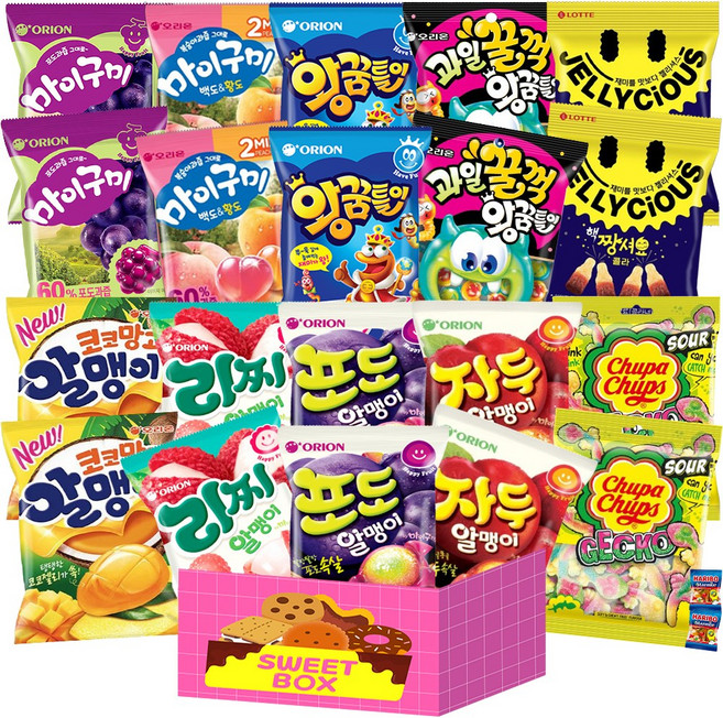 젤리 간식 A세트 마이구미포도2 마이구미백도황도2 자두알맹이2 포도알맹이2 리찌알맹이2 코코망고알맹이2 왕꿈틀이2 과일꿀꺽왕꿈틀이2 핵짱셔요콜라2 츄파춥스사워게코2 하스2, 22개, 25g