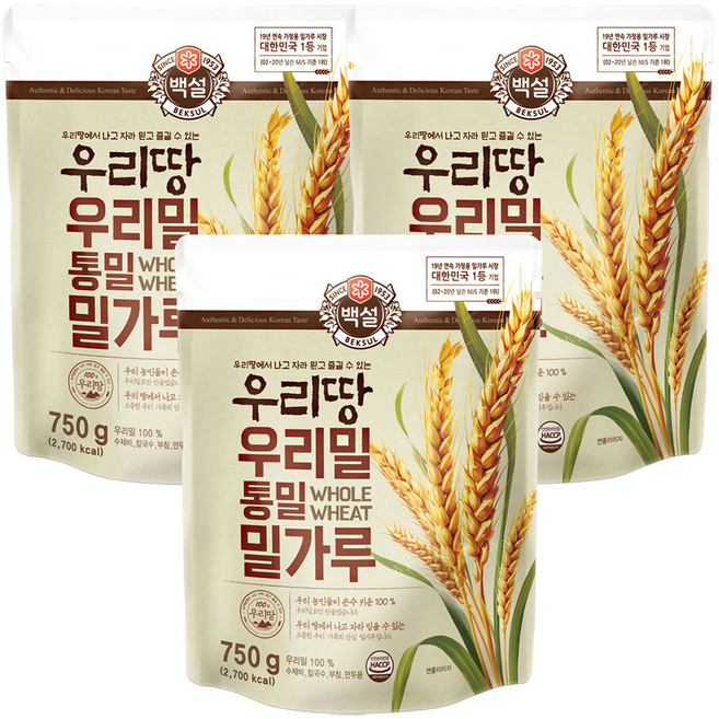 [메가마트]CJ 백설 우리땅 우리밀 통밀 밀가루 750g, 3개
