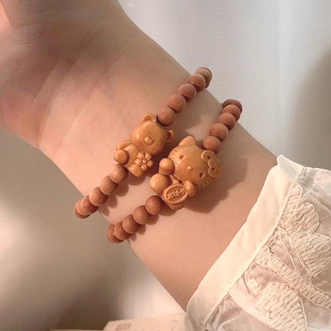 [불교굿즈]리본 고양이 여성 염주팔찌 불교팔찌 우드 염주 묵주 소원성취 캐릭터