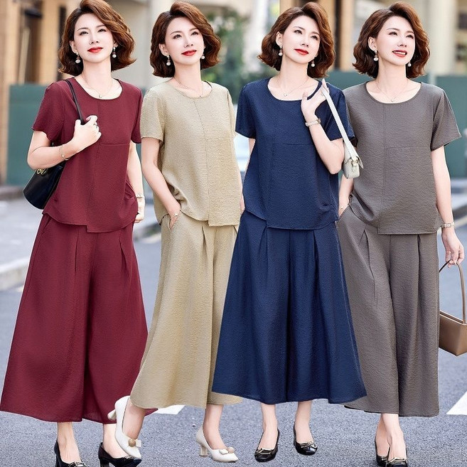 중년여성 여름 투피스 세트 루즈핏 언발 반팔티 와이드 바지 상하복 40대 50대