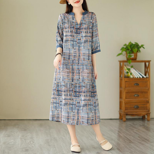 COSYEVNO 여름 중년 여성 롱 원피스 7부 소매 체크 오버핏