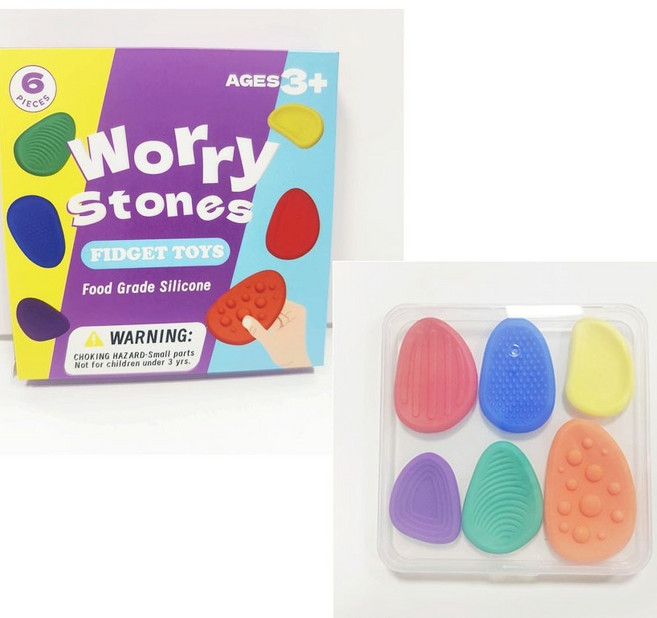 紓壓玩具AJ 矽膠紋理感官石 擔憂石 觸覺柔軟 Fidget Toys 解壓玩具 兒童感官 減壓, 1個, 6片組（PP收納盒+彩盒）