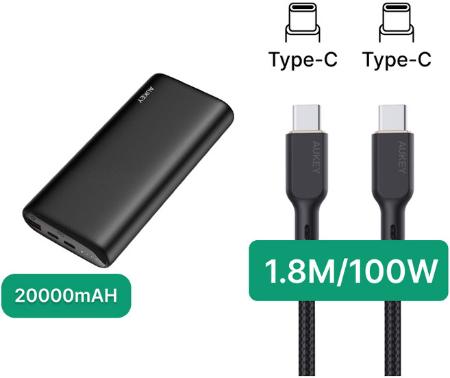 Aukey 20000mAh PB-Y37 65W PD 快充 行動電源, 【80%用戶選擇】黑色+KCC102