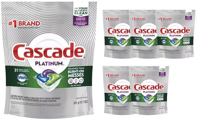 Cascade 플래티넘 프레시 향 식기세척기용 세제 21개입, 331g, 6개