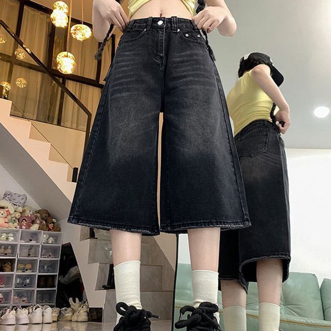 여성 데님 팬츠 하이웨이스트 와이드 7부 일자 반바지 청 반바지 와이드 여름데님 여성반바지 빅사이즈 빈티지 워싱 청반바지