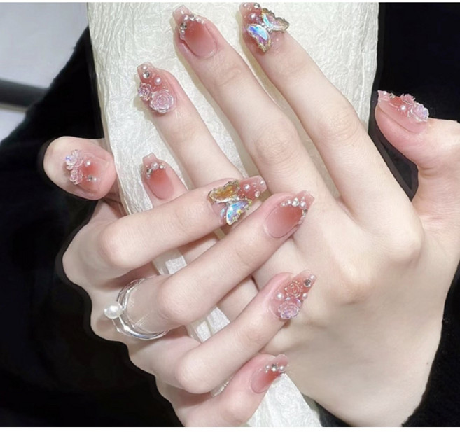 델리아 포인트 스톤 큐빅 네일 팁 10종 모음 다양한 화려한 예쁜 인조 손톱 스티커 숏 롱 파츠 큐빅 셀프, 1개, 3 [피치 핑크 나비 스톤]