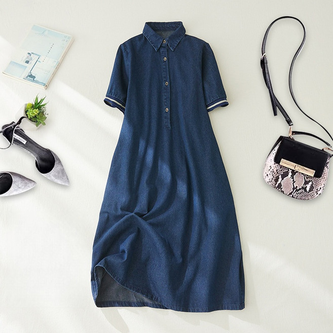 삼제태전 여성용 여름 반팔 데님 원피스 미디 루즈핏 카라넥 A라인 청치마