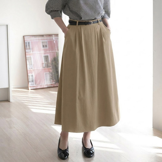 데일리앤 레인 벨트세트 뒷 밴딩 롱 플레어 핀턱 롱 스커트 봄 가을