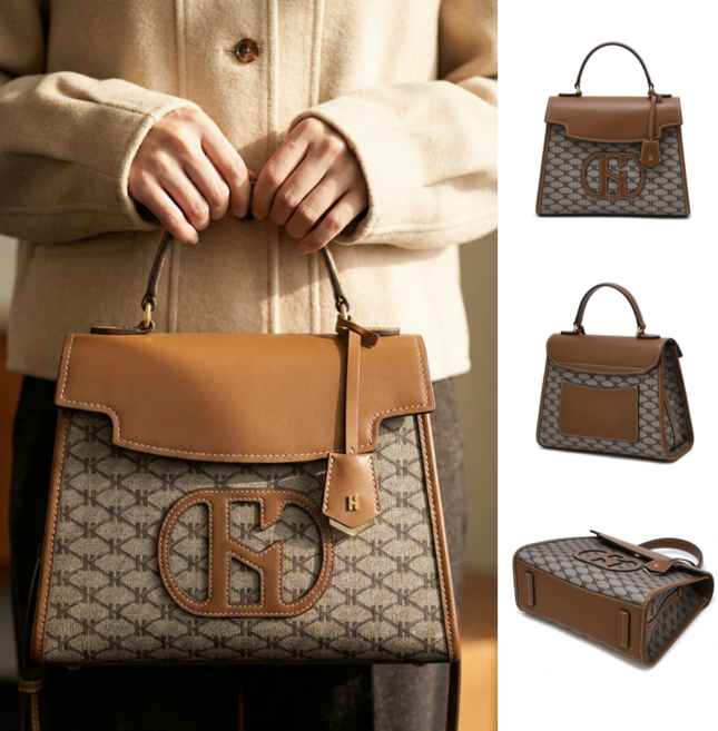 헤지스 여성용 HARIATO H 레더 브라운 패치 시그니처 패턴 사첼백