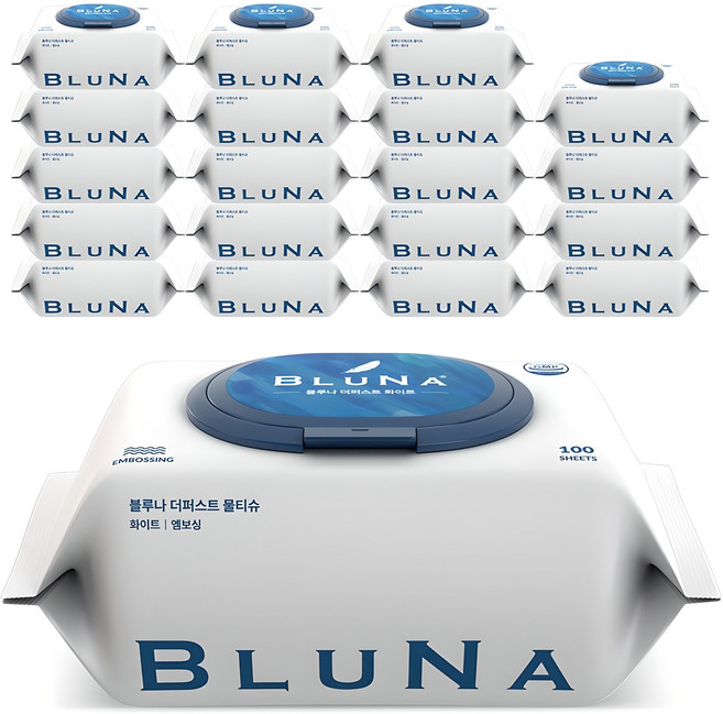 블루나 더퍼스트 물티슈 화이트, 55g, 100매, 20개