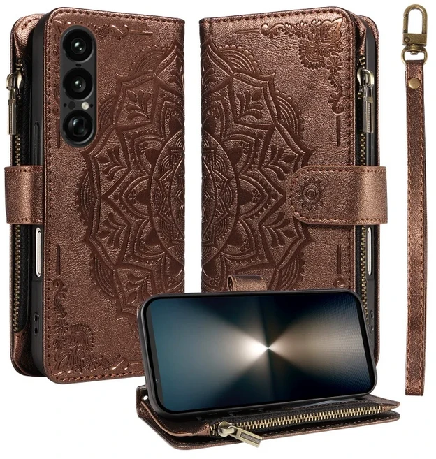 소니 엑스페리아 1 VIII 10 5 V III용 가죽 지퍼 지갑형 손목 스트랩 폰 케이스패턴 카드 홀더 커버, 01 Sony Xperia 10 VII, 06 Bronze