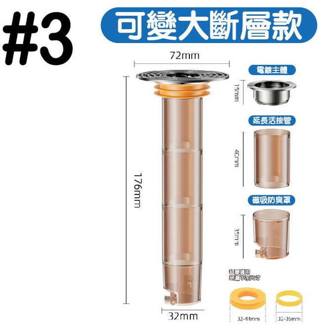 加長款地漏芯 適用於下水道斷層防臭、防蟲、防蟑, 1個, #03ABS可拆卸加長地漏