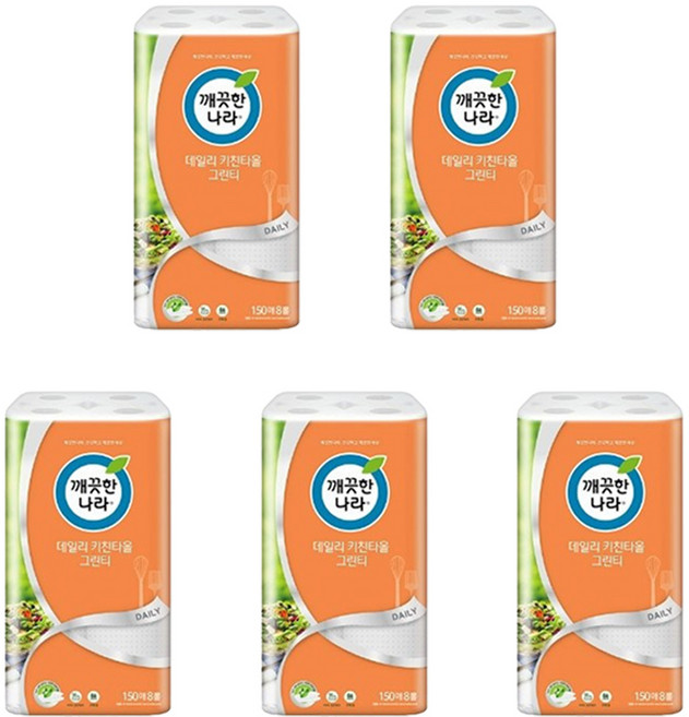 깨끗한나라 데일리 키친타올 그린티 150매, 8개입, 5개