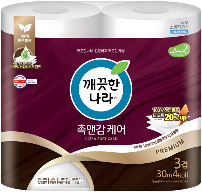 깨끗한나라 천연펄프 3겹 촉앤감 케어 롤화장지, 30m, 4개입, 1개