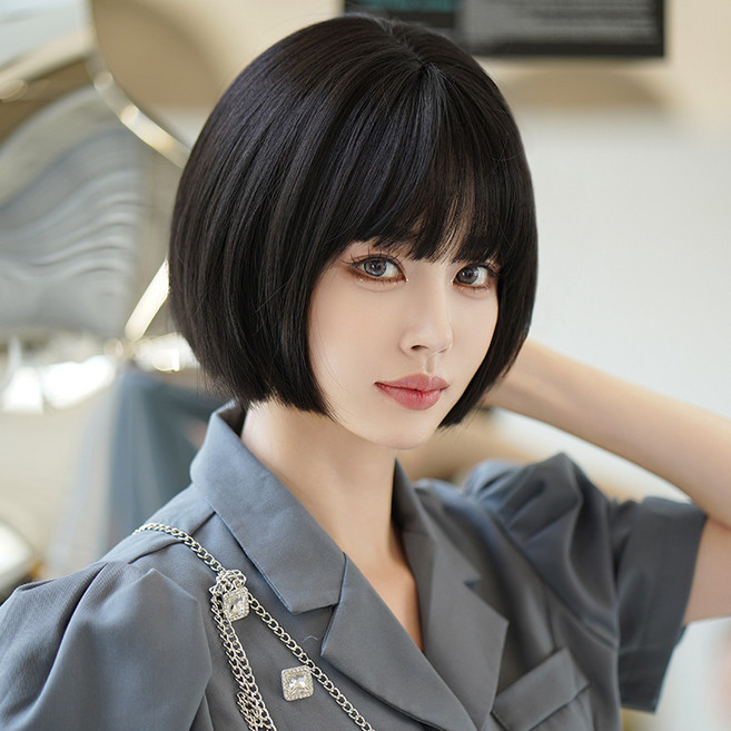 보브컷 단발 머리 가발 풀뱅 똑단발 커트 패션 통가발, 블랙, 1개