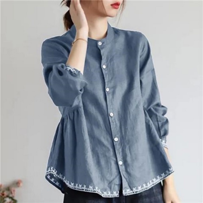 Makone 여성 헨리넥 셔츠 허리셔링 린넨 긴팔 블라우스 밑단 자수 심플 a라인