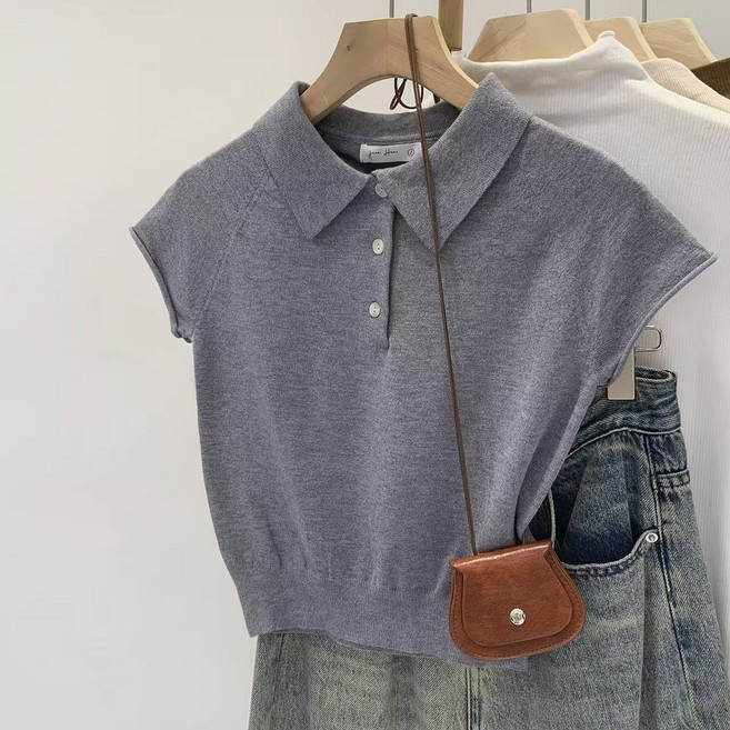 Siluno 여성 니트 카라 3버튼 반팔 티