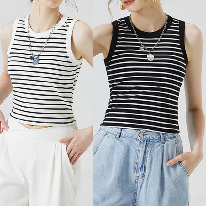 천하오 1+1 여성 스트라이프 런닝 슬림 나시 고정 브라 내장 TZ1335