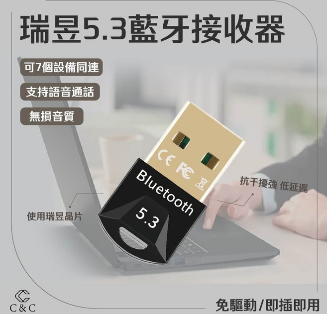 瑞昱 5.3 藍牙接收器 支援7個設備連線 無損音質, 1個