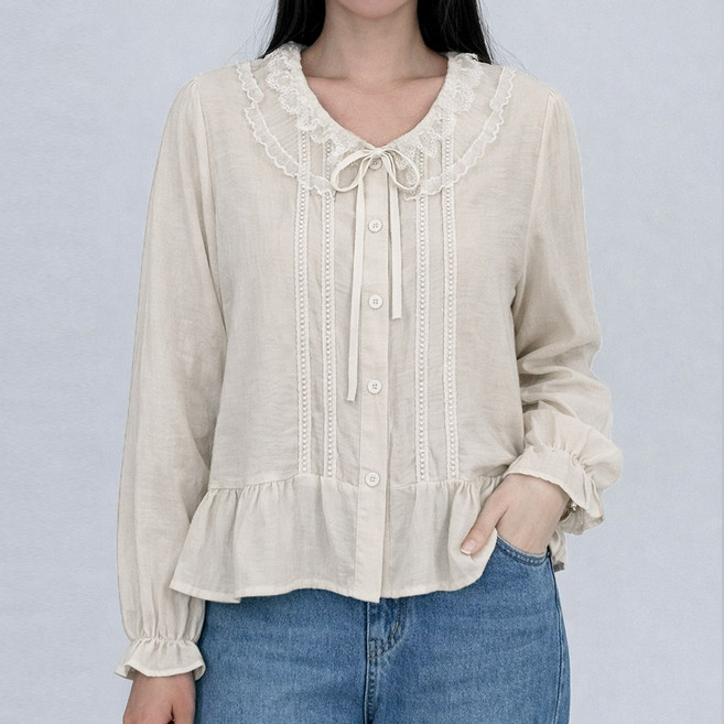 디애나 레이스 카라 밑단 셔링 플레어 블라우스