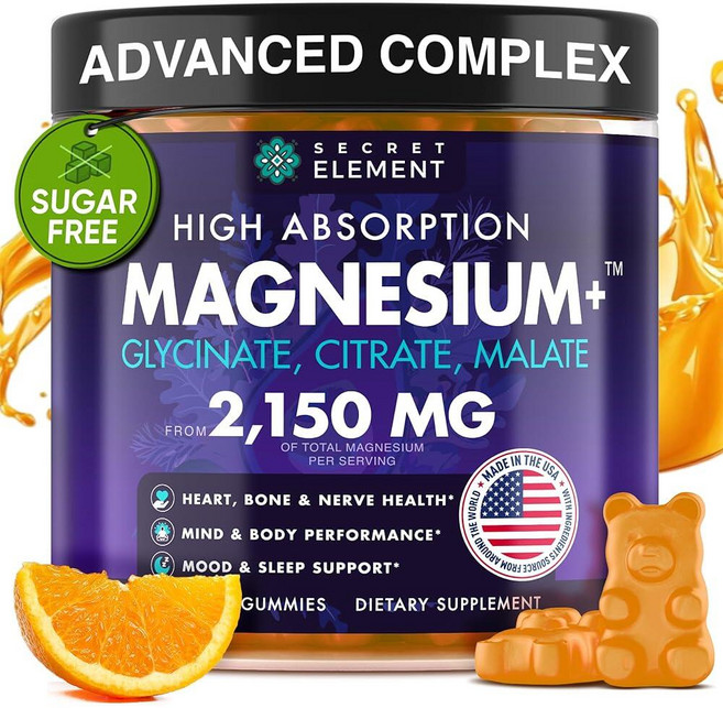 Secret Element 마그네슘 글리시네이트 2150MG 젤리 여성 및 남성용 고흡수성 마그네슘 글리시네이트 구연산염 말레이트 젤리 성인 및 아동용 수면 지원 무, Secret Element 마그네슘 글리시네이트 215, 1개