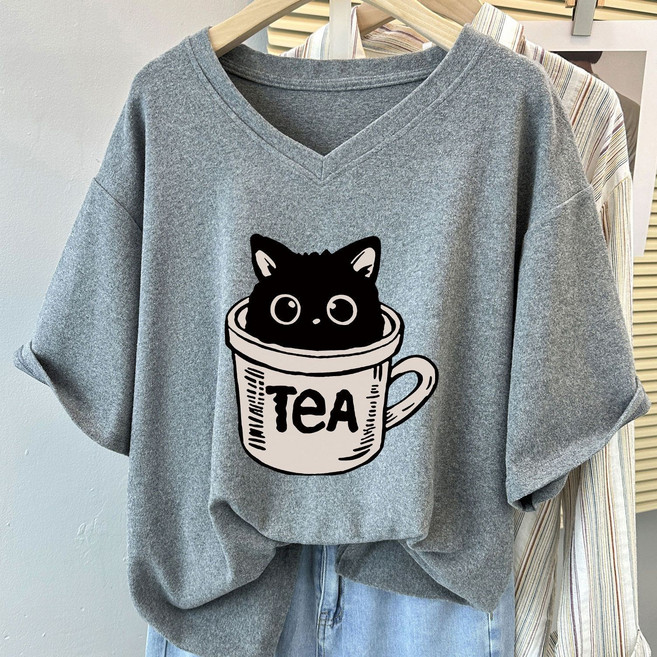 빅사이즈 순면 브이넥 반팔 티셔츠 여름 여성용 루즈핏 고양이 프린트 심플 티 슬림핏 데일리룩
