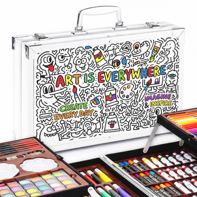 비콘 미술도구세트 145P 4단 알루미늄 케이스 휴대용 아트박스 색연필 물감 세트, 1개, 화이트